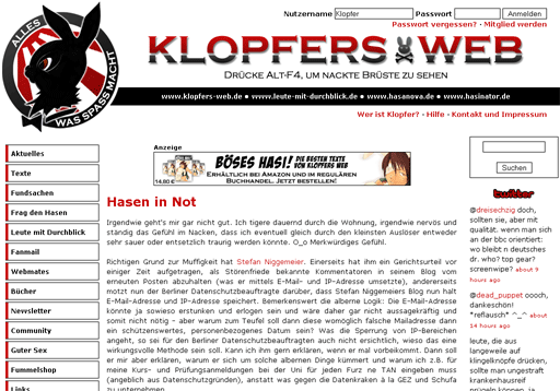 Alternatives Seitendesign für Klopfers Web, ca. 2012